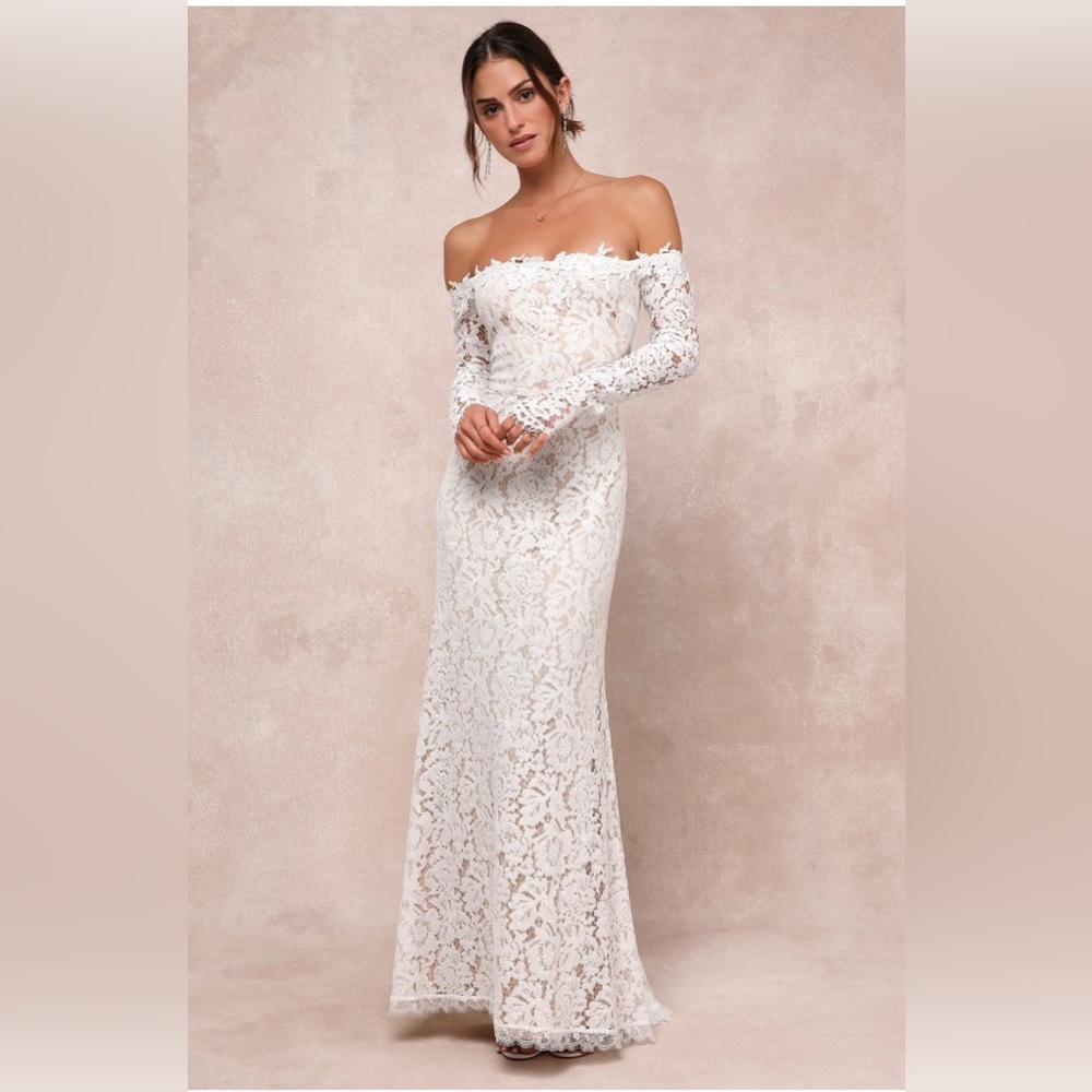 Lulus Lace Off The Shoulder Maxi Dress with Garment Bag